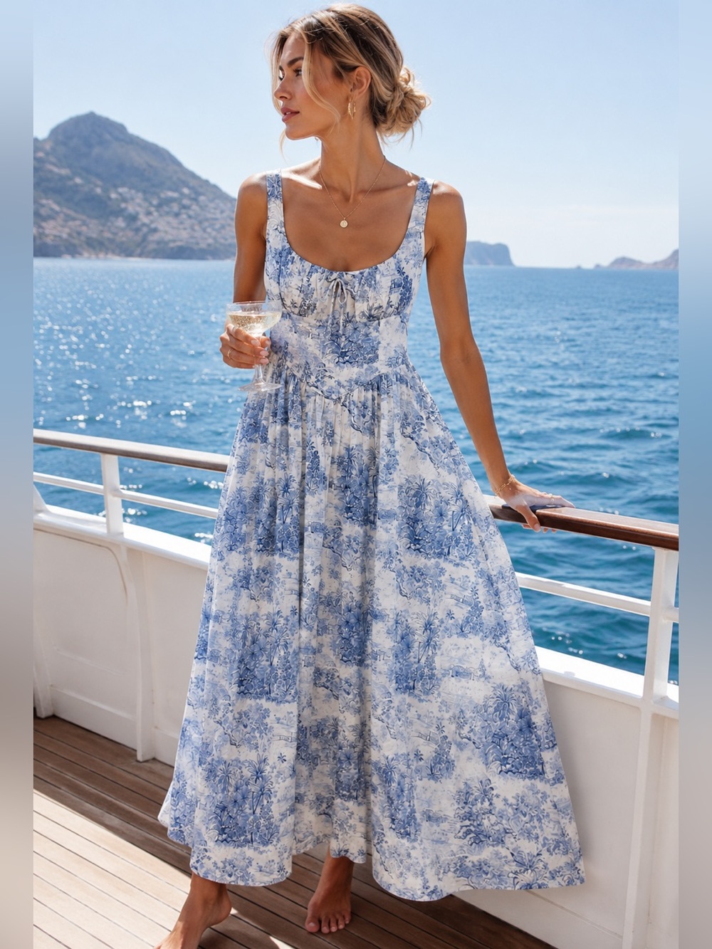 Caroline Constas Toile Linen Blend Maxi Dress Blue White Resort NWT Large